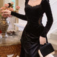 Robe noire vintage à manches longues pour femme, élégante, en velours, tenue de bal, fg7012