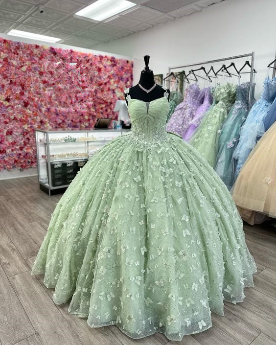 3D Butterfly Quinceanera Dresses Sage Green Ball Gowns with Crystal Co formalgowns 3D Butterfly Quinceanera Dresses Sage Green Ball Gowns with Crystal Co formalgowns