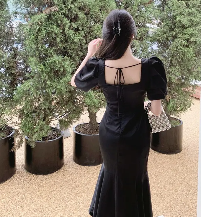 Puff-Sleeve Square-Neck Mermaid Dress,Vintage Black Prom Dress fg6494 formalgowns Puff-Sleeve Square-Neck Mermaid Dress,Vintage Black Prom Dress fg6494 formalgowns