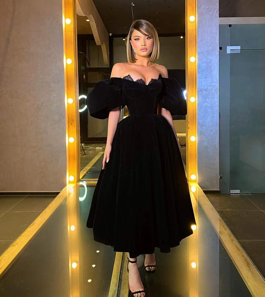 Velvet A-Line Black Homecoming Dresses, Off The Shoulder Graduation Dr