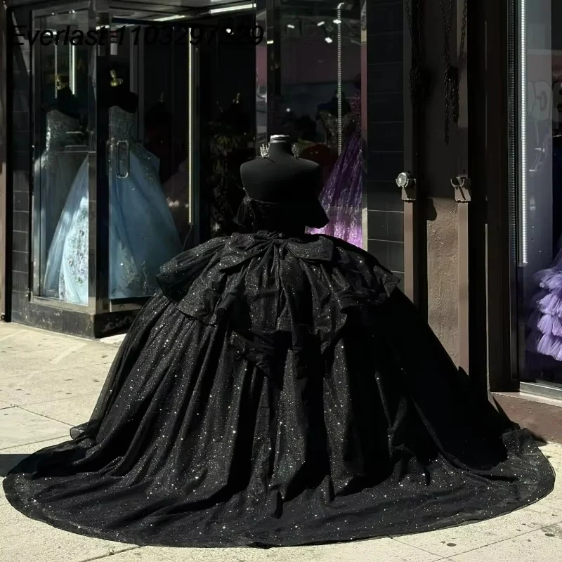 Ball Gown Shiny Black Quinceanera Dress Beaded Crystal Bow Sweet 15 Go – formalgowns