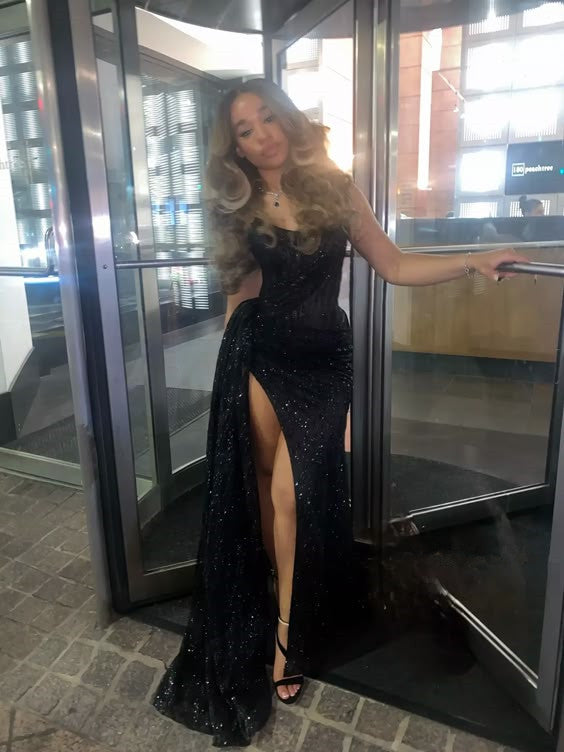 Black long prom dress with Slit ,strapless evening dress fg6766 formalgowns Black long prom dress with Slit ,strapless evening dress fg6766 formalgowns