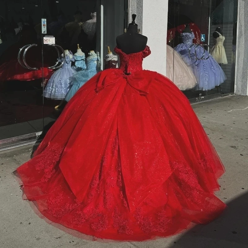 Princess Ball Gown Quinceanera Dresses Red Bow Lace Appliques Beaded S formalgowns Princess Ball Gown Quinceanera Dresses Red Bow Lace Appliques Beaded S formalgowns