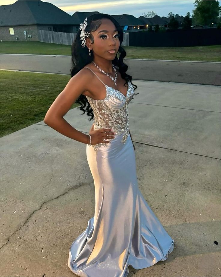 Satin Evening Dress, Silver Prom Dresses, V Neck Mermaid Spaghetti Str