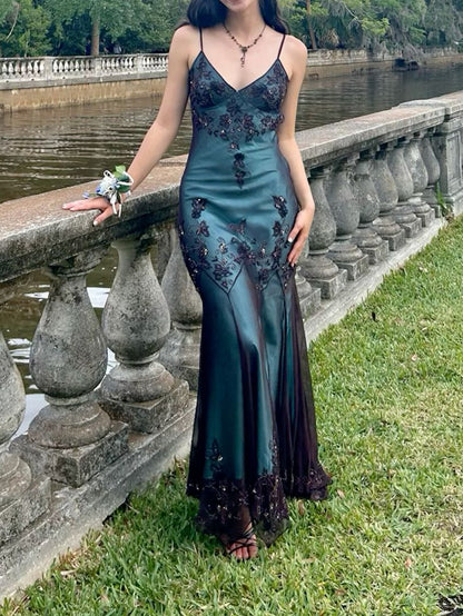 Vintage Blue and Black Prom Dress Evening Party Dress fg6948