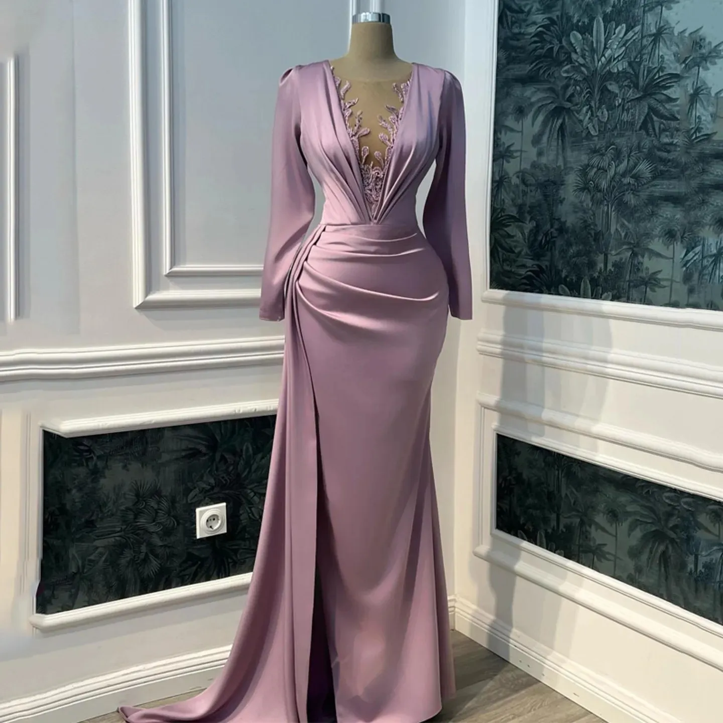 Vintage Prom Dresses Long Sleeve Illusion V-neck Mermaid Evening Dress –  formalgowns