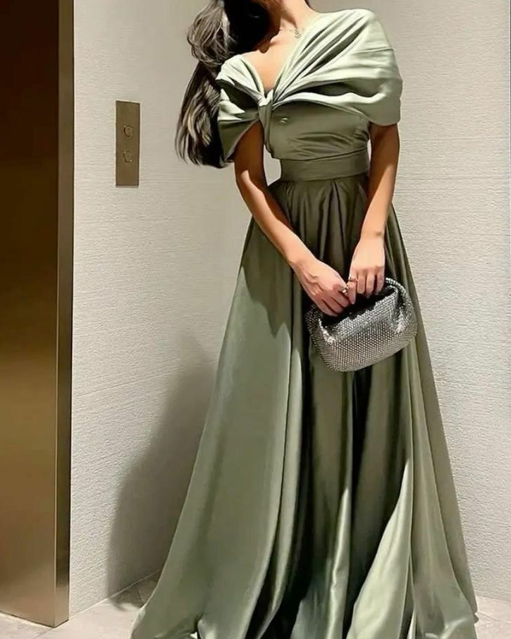 A Line Off Shoulder Sage Green Prom Dress Evening Formal Party Gowns   fg7447