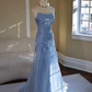 Vintage-Inspired Blue Strapless Prom Dress, Ruched Pleated Mermaid Evening Dress  fg8746