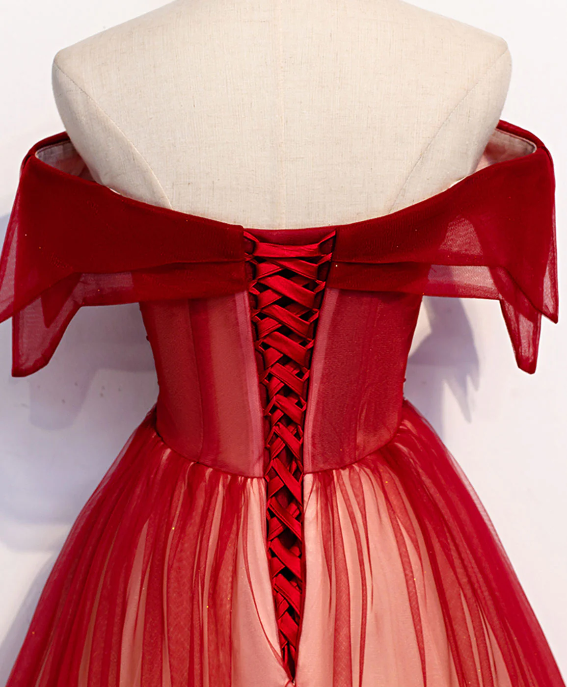 Burgundy Off Shoulder Tulle Long Prom Dress, Burgundy Formal Dress       fg5699
