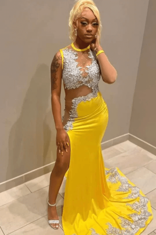 black girl yellow lace evening dresses,silver lace prom dresses, sexy evening dresses     fg996