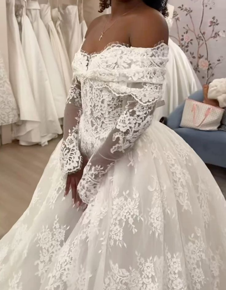 Off Shoulder Lace A-Line Wedding Dress, Long Sleeves Lace Bridal Gown   fg7623