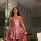 A Line High Low Pink Strapless Prom Party Dress Evening Dress   fg8092