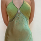 Robe de soirée longue verte vintage ornée de perles fg6745