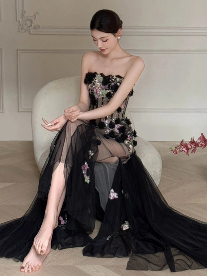 Black Long Prom Dress With Flowers Formal Evening Party Dress Birthday – formalgowns