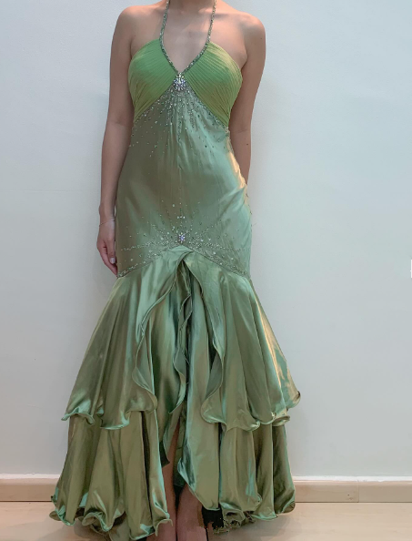 Robe de soirée longue verte vintage ornée de perles fg6745