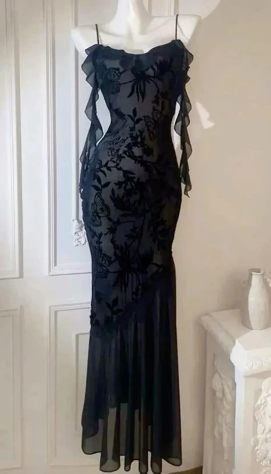 Black Lace Mermaid Maxi Dress Prom Dress, Gothic Lace Black Evening Dress  fg8724