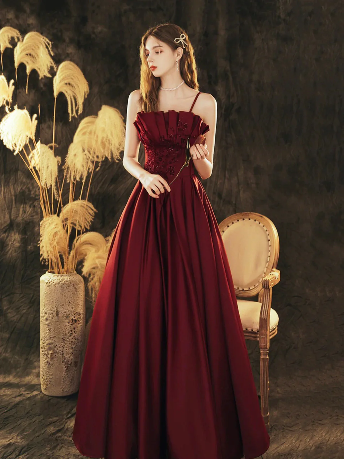 Wine Red Satin Beaded Straps Prom Dress Evening Dress, Wine Red A-line Formal Dress  fg8739