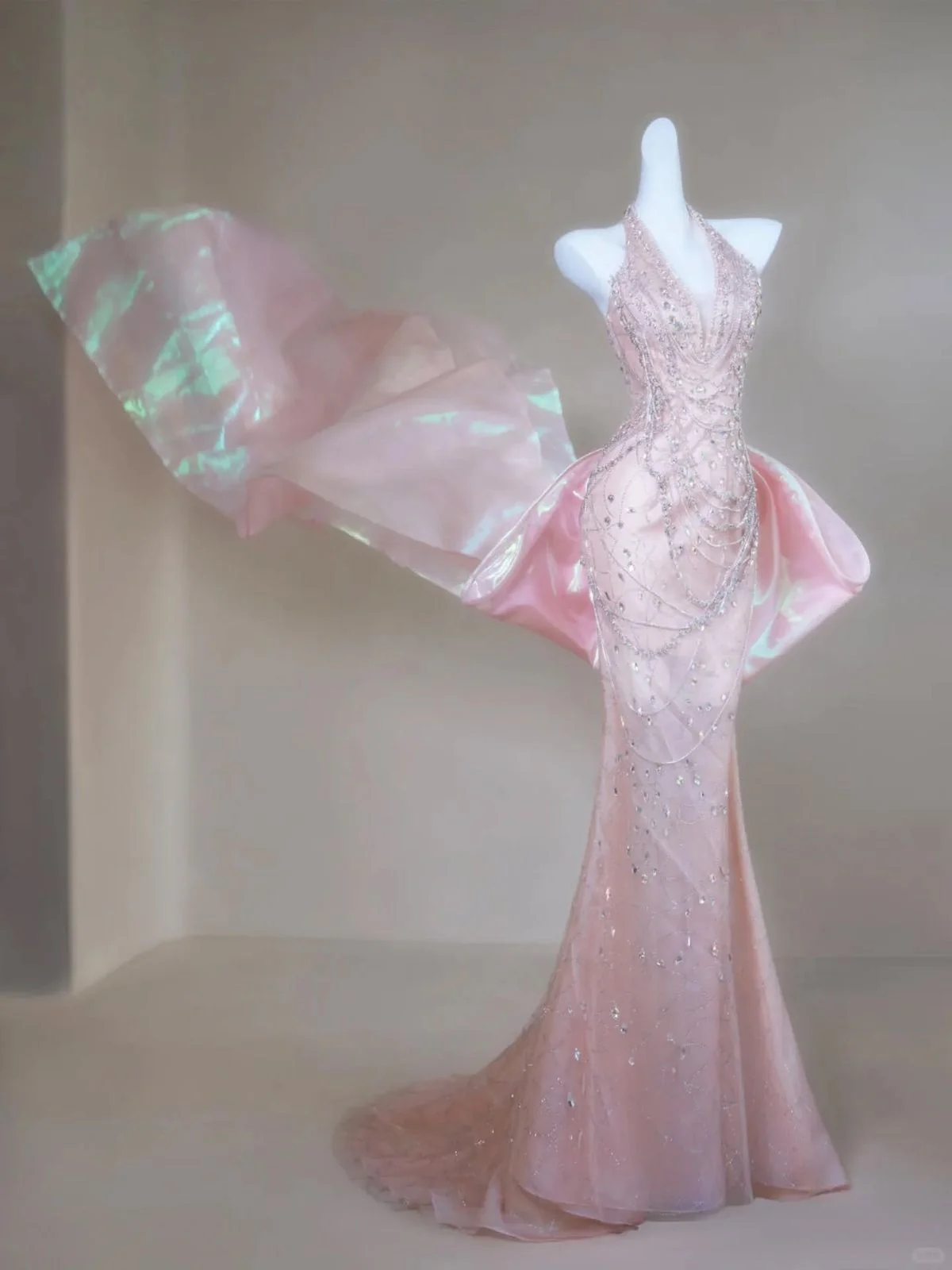 Mermaid Halter Light Pink Satin Beaded Long Prom Dress,Formal Evening formalgowns Mermaid Halter Light Pink Satin Beaded Long Prom Dress,Formal Evening formalgowns