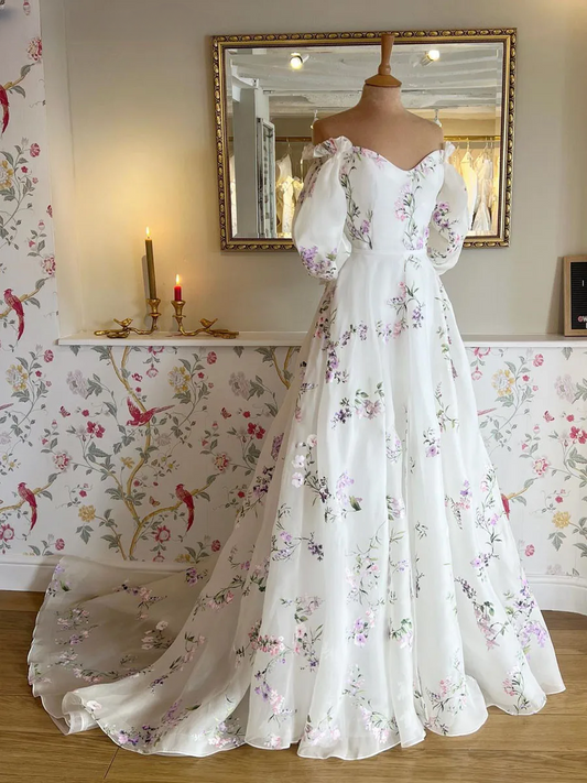 Women's Floral Print Wedding Dresses, Off-the-Shoulder Bridal Gowns, Beach Sweep Train Bridal Gown      fg8066