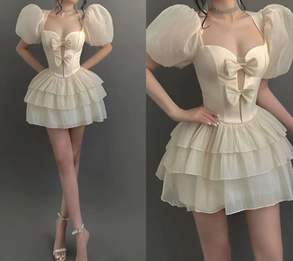 Robe de soirée courte à manches bouffantes, coupe trapèze, robe de cocktail, robe de soirée courte, fg7882