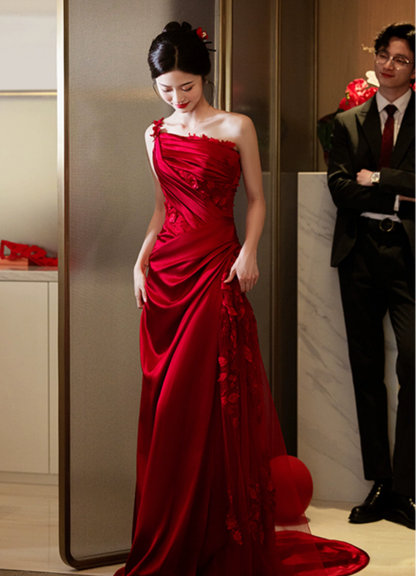 Burgundy Mermaid Long Formal Dress Satin Lace Evening Dresses     fg7670