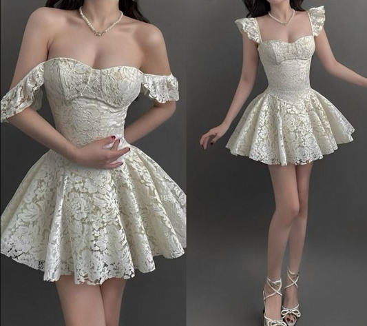 A-Linie Weiße Spitze Schulterfrei Kurzes Abendkleid Cocktailkleider Kurzes Partykleid fg7881