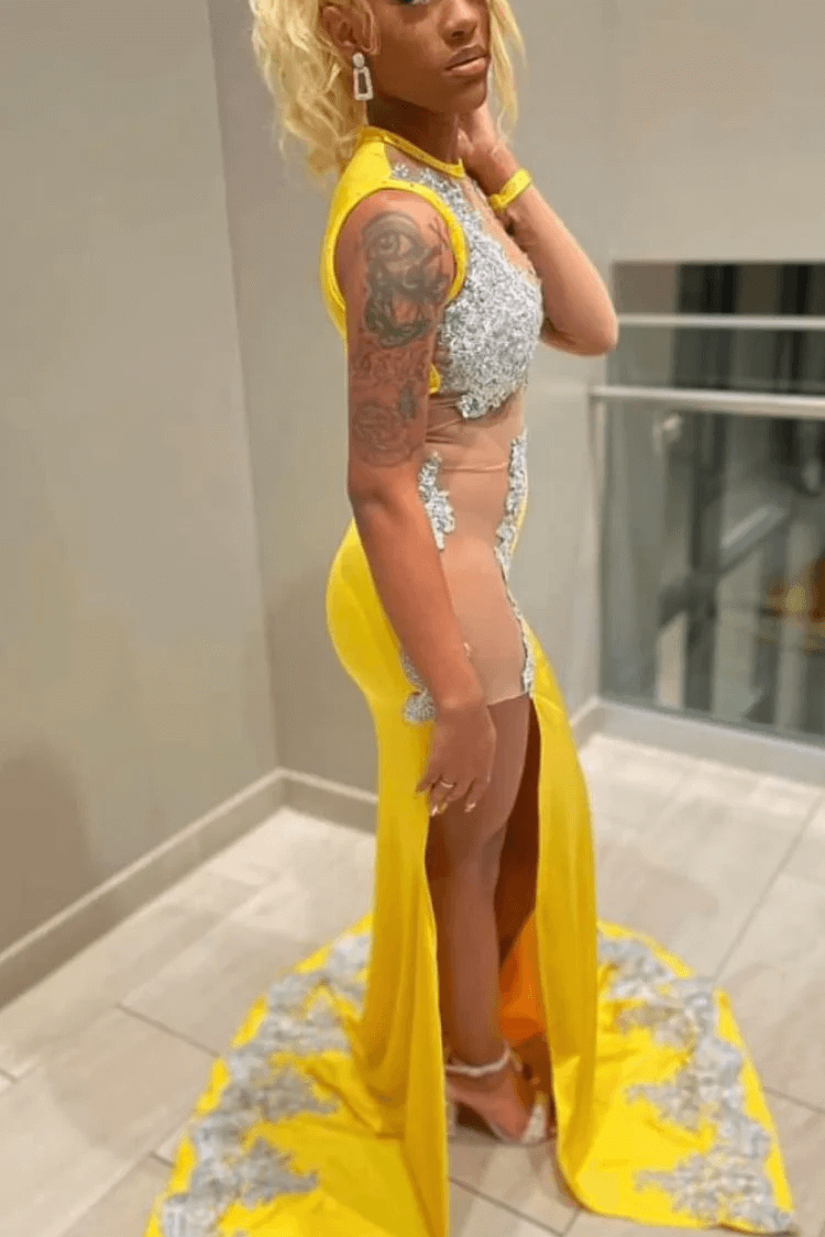 black girl yellow lace evening dresses,silver lace prom dresses, sexy evening dresses     fg996