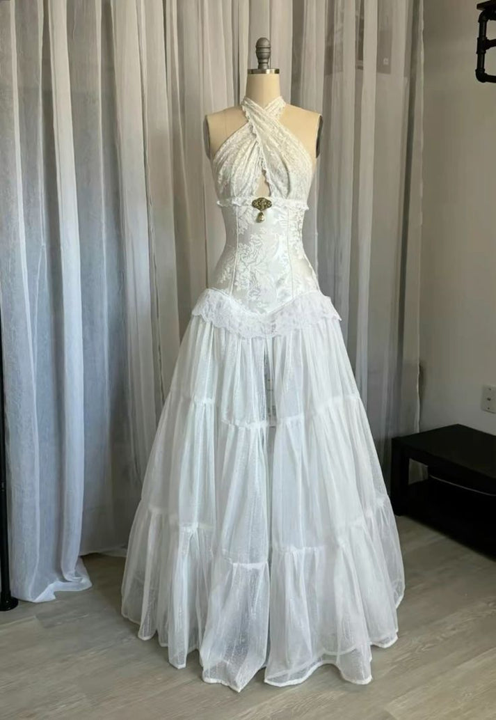 25263 Two-Piece High Halter Lace Up Bodice A-Line Gown