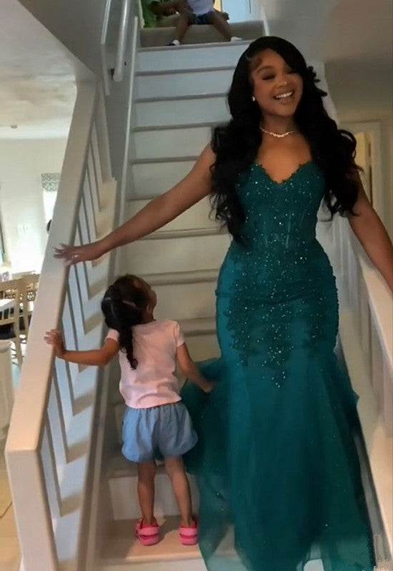 Robe de bal sirène vert foncé en tulle et dentelle, tenue d'hiver formelle fg4863