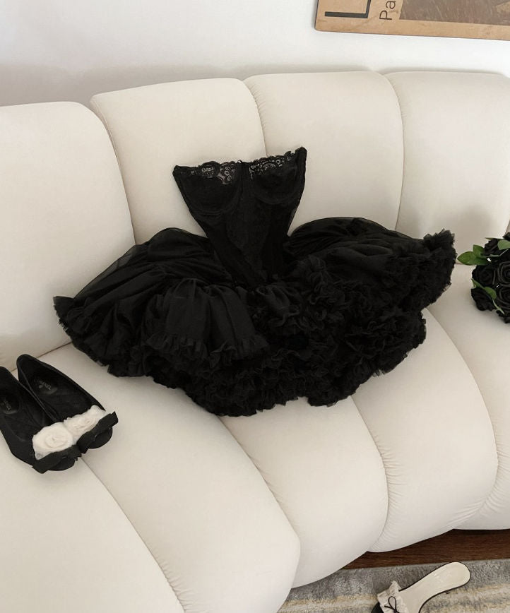 Cute Ball Gown Strapless Black Ruffles Lace Homecoming Dress Short Bir formalgowns Cute Ball Gown Strapless Black Ruffles Lace Homecoming Dress Short Bir formalgowns