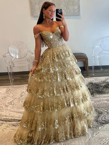 Gold A-Line Tulle Gold Sequin Long Prom Dress, Gold Long Evening Dress formalgowns Gold A-Line Tulle Gold Sequin Long Prom Dress, Gold Long Evening Dress formalgowns