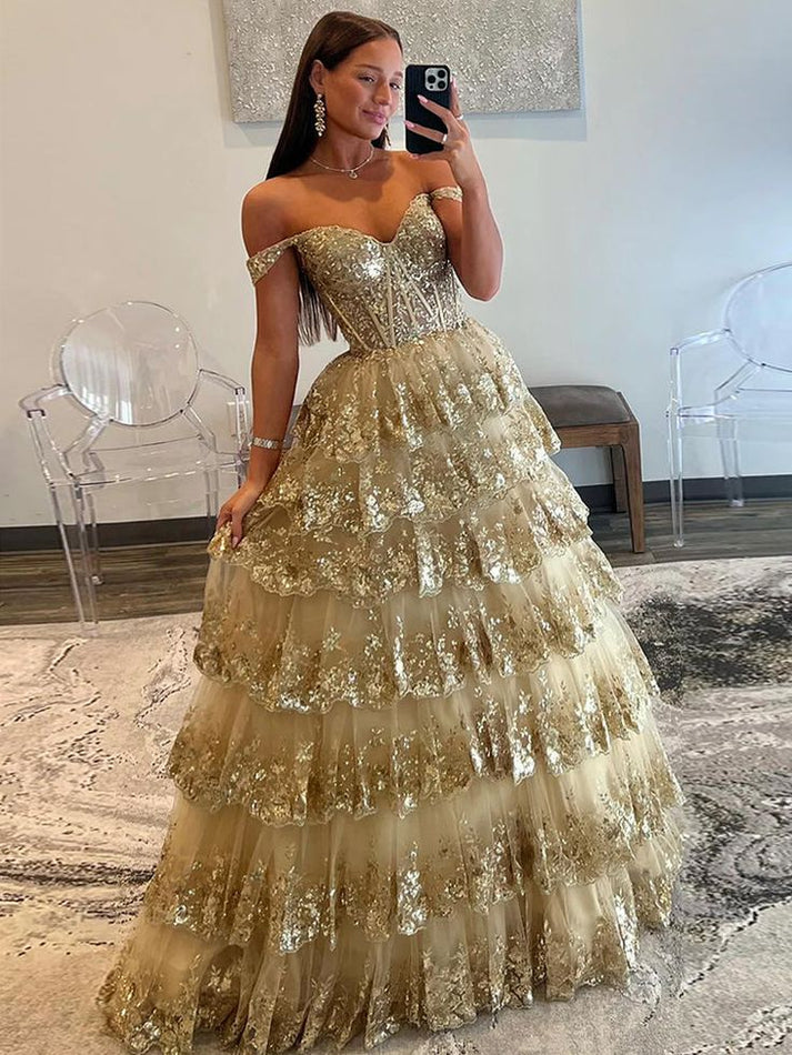 Gold A-Line Tulle Gold Sequin Long Prom Dress, Gold Long Evening Dress