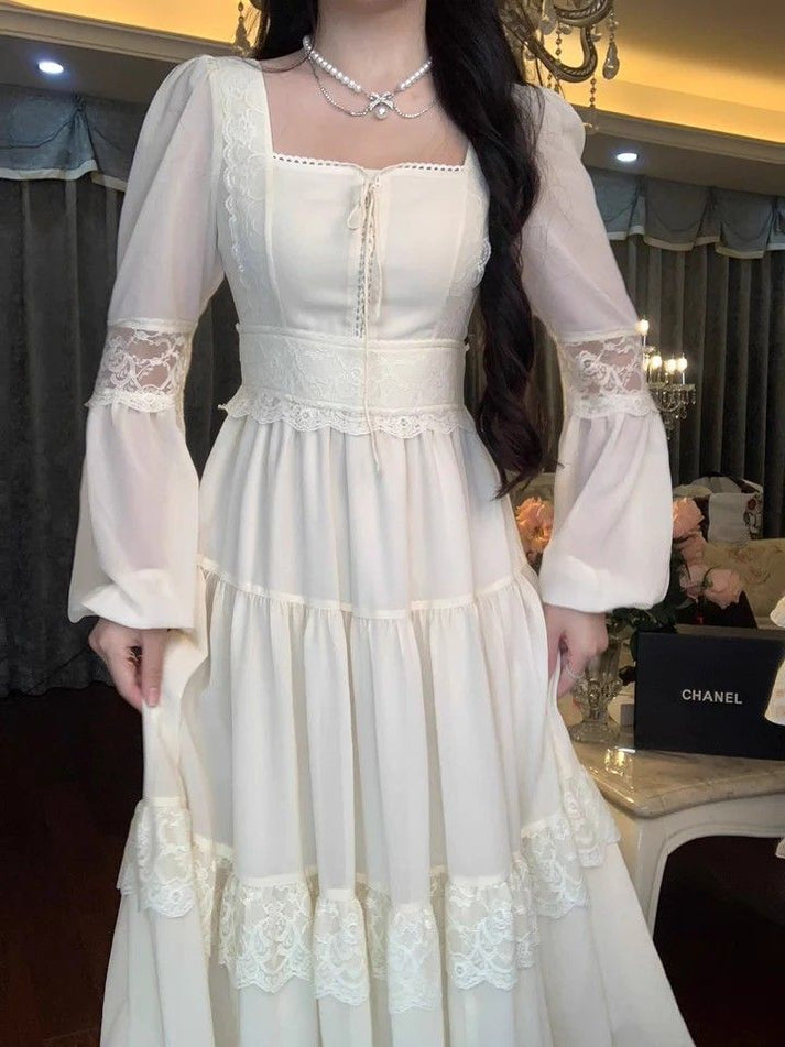 Ivory Jacquard Round Neck A-Line Midi Formal Dress with Short Sleeves