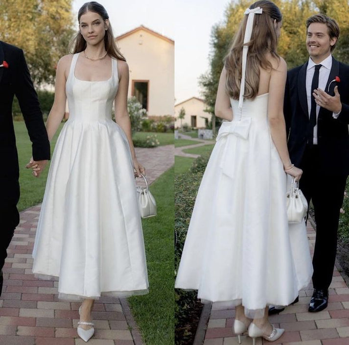 Satin Tulle Midi Wedding Dress, Simple Square Neckline Tea Length Form