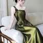 Elegant Olive Green One Shoulder Satin Prom Dress, Vintage-Inspired A-Line Formal Dress fg8718