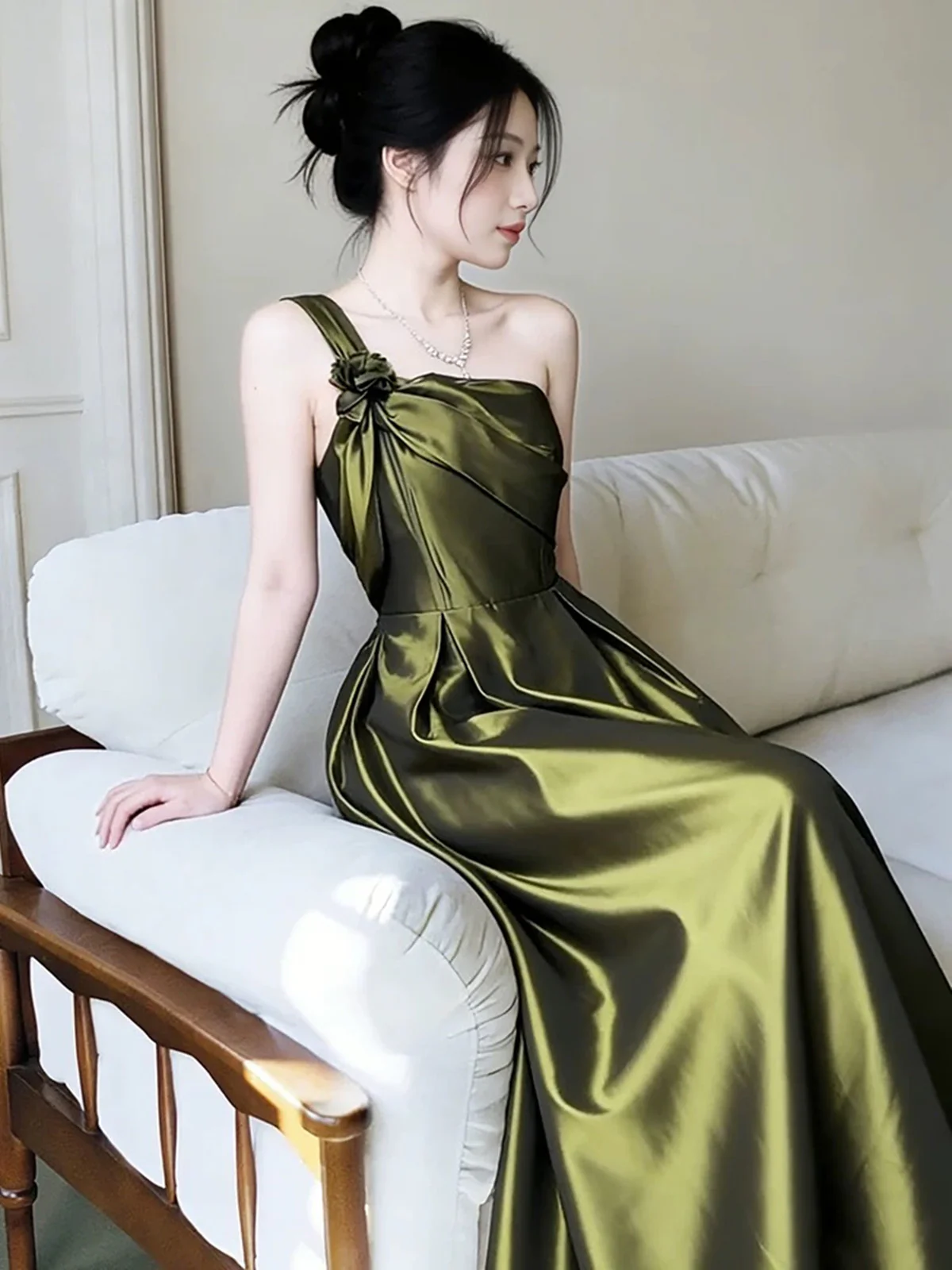 Elegant Olive Green One Shoulder Satin Prom Dress, Vintage-Inspired A-Line Formal Dress fg8718