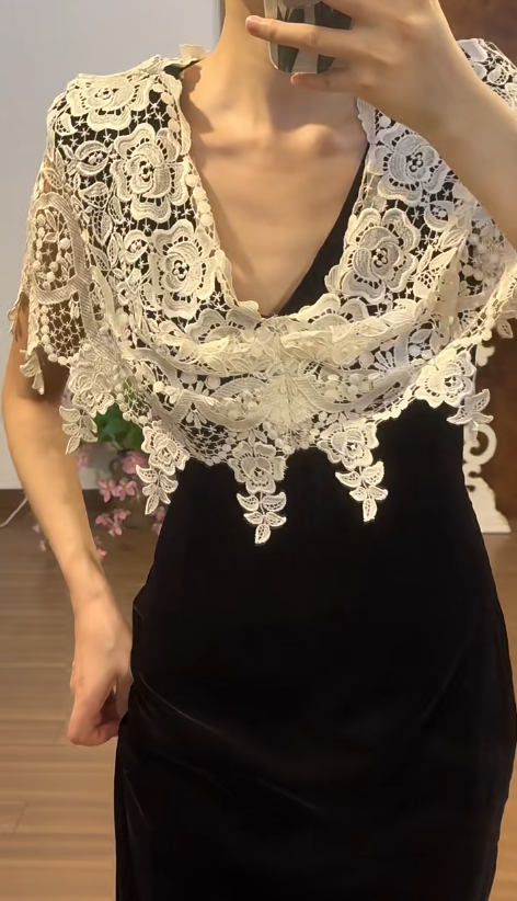 Black Mermaid Prom Party Dress White Lace Evening Dress Birthday Outfit  fg8714