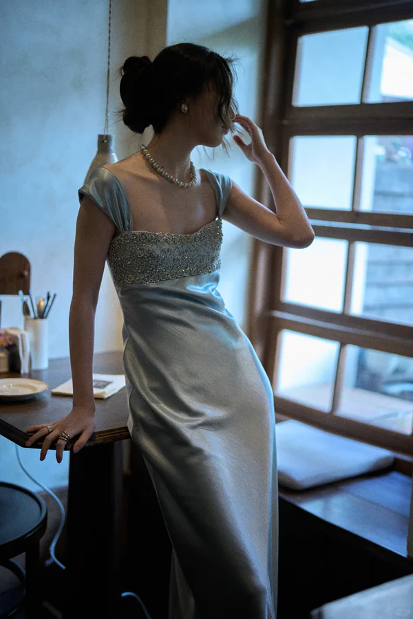 Elegant Blue A Line Straps Beaded Satin Long Prom Dress Evening  Dress fg8690