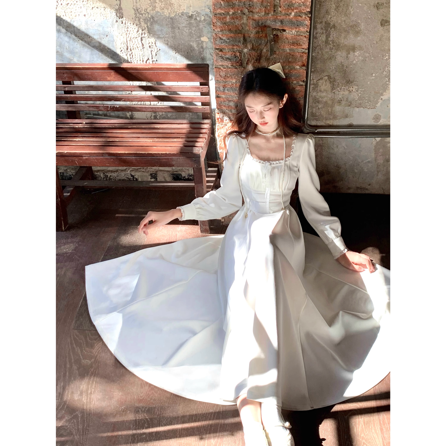 Fleece white maxi dress, winter dress, French style innerwear A69