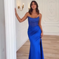 Royal Blue Mermaid Strapless Beaded Corset Satin Prom Dress Evening Dress with Slit fg8534