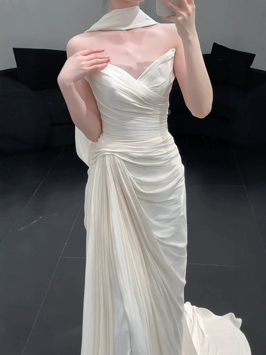 Strapless Pleat Long Wedding Dress Evening Party Dresses    fg7706