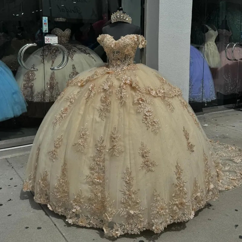 Champagner Off-the-Shoulder Ballkleid Applique Quinceanera Kleid mit Schleppe fg8023
