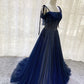 Shiny Navy Blue Tulle Straps Long Prom Dresses Party Dresses, A-line Beaded Prom Dresses      fg5018