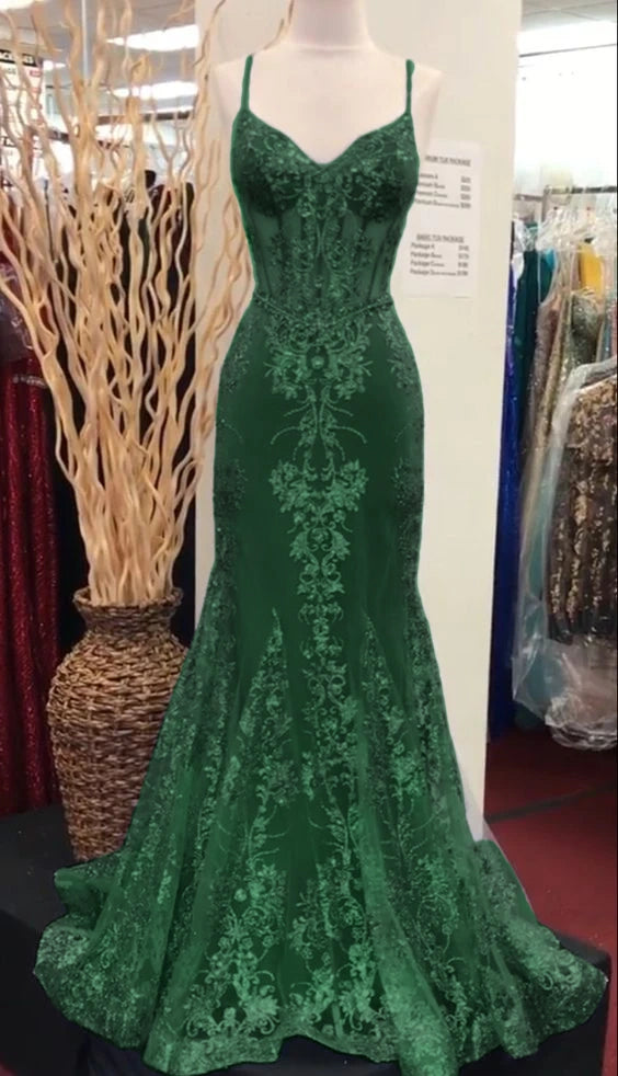 Charmantes V-Ausschnitt-Spitzen-Meerjungfrauen-Ballkleid, langes Abendkleid, fg5452