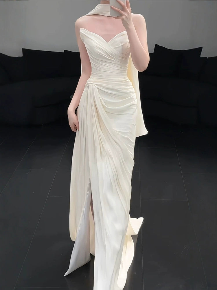 Strapless Pleat Long Wedding Dress Evening Party Dresses    fg7706