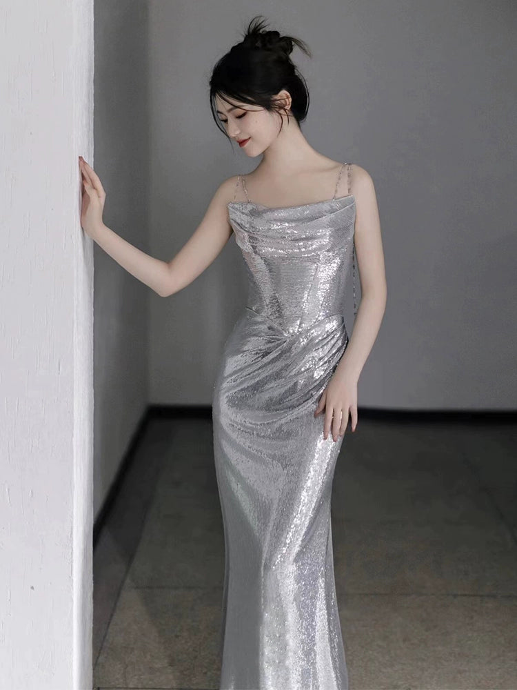silver formal dresses long Gorgeous Sleevess Long Prom Party Gowns Celebrity Inspired Silver Long Sleeve