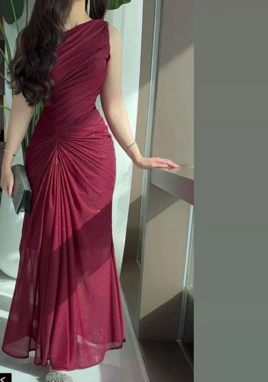 Burgundy Shiny One Shoulder Long Party Dress Evening Dress Prom Dresses    fg7825
