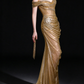 Gold Off The Shoulder Draped Glitter Mermaid Evening Gown With 3D Floral Decor fg9140