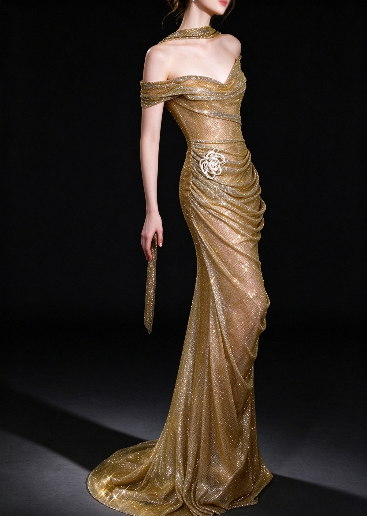 Gold Off The Shoulder Draped Glitter Mermaid Evening Gown With 3D Floral Decor fg9140