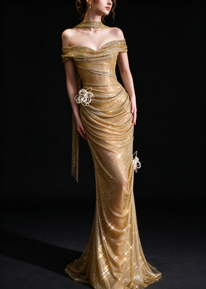 Gold Off The Shoulder Draped Glitter Mermaid Evening Gown With 3D Floral Decor fg9140